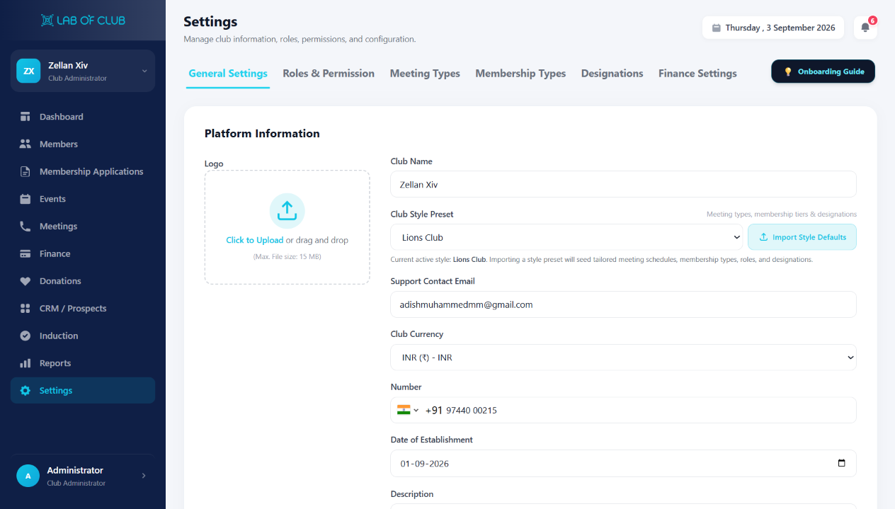 SETTINGS - Masters, Roles & Club Settings in One Hub